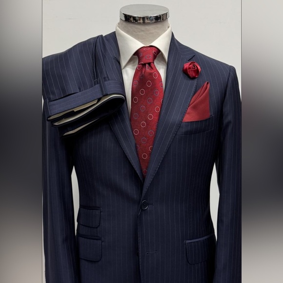 Blue pinstripe notch lapel wool suit